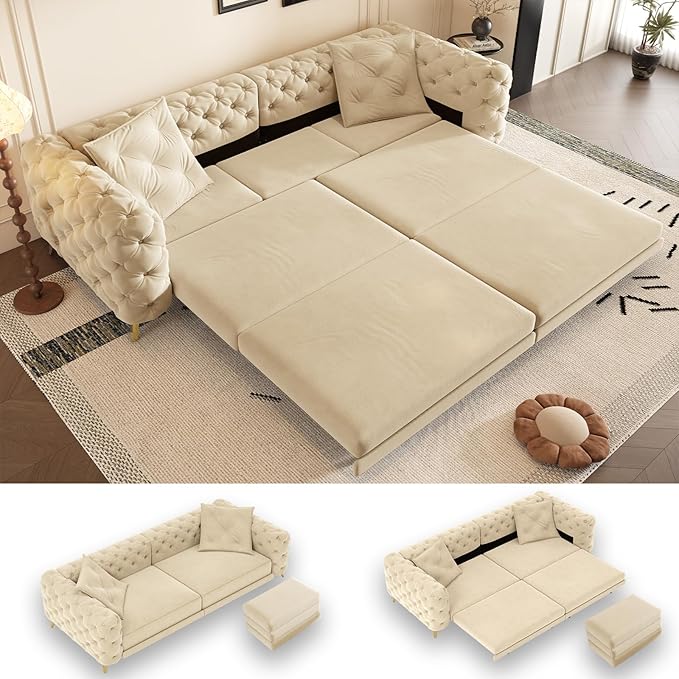 97.7'' Pull Out Sofa Bed King Chesterfield Velvet Sleeper Sofa Convertible L-Shaped Futon Couch Tufted Back Ottoman Deep Seat Loveseat Couches for Living Room Apartment Honey Beige