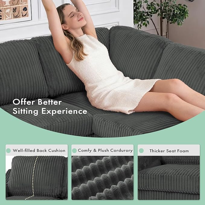 115 Corduroy Sectional Sofa with Storage Ottoman Modern 7 Seats Corner Couch with Deep Seat Comfy Modular U Shaped Couch with Comfortable Cushions for Living Room Grey