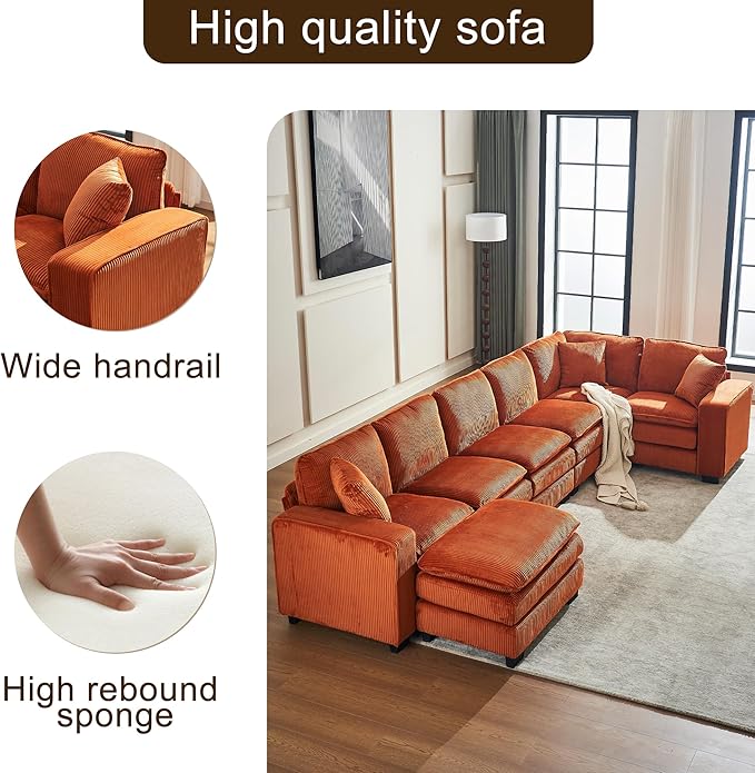 143 Large Modular Sectional Sofa Convertible U - L Shaped 6-Seat Sofa Couch with One Ottoman Chaise and Pillows Sectional Couches Comfy Corduroy Upholstered Sofa Sleeper for Living Room (Orange)