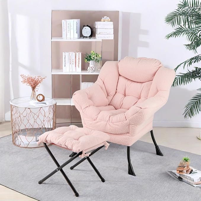 GORELAX Lazy Chair with Ottoman Modern Accent Chair w/Armrests &amp Side Pocket Upholstered Lounge Sofa Chair &amp Folding Footstool Set Reading Chair for Bedroom Living Room Dorm Room (Plush P