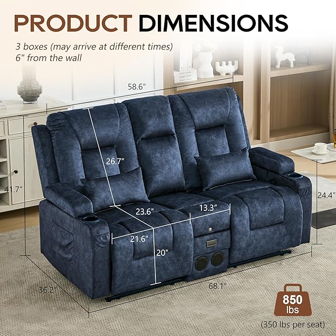 URRED Manual Reclining Loveseat Sofa with Console Double Recliner RV Couch with Bluetooth Speakers USB &amp Power Outlet Cup Holders Pillow and Side Pocket for Home Theater (Blue)