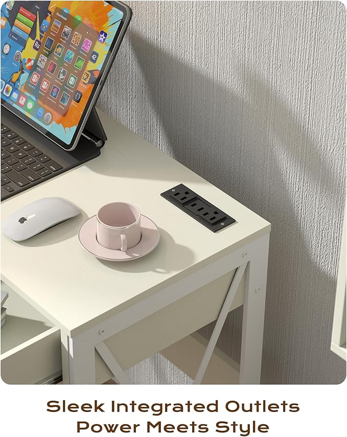 Manora Compact Computer Desk with Power Outlets 2 Drawers and Metal Frame 31.5 Small Desk for Home Office Study or Makeup Area White