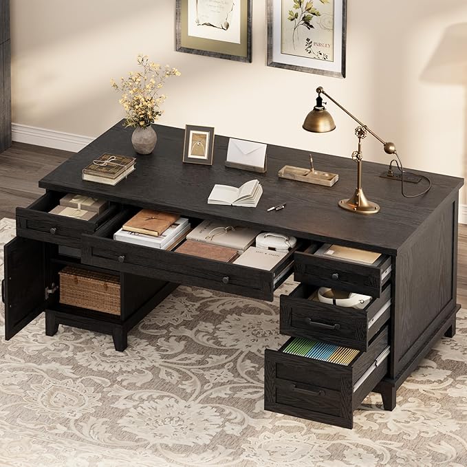 60 Traditional Home Office Desk with Power Outlets Wooden Executive Desk with File Cabinet and Drawers Farmhouse Wood Work Desk for Work Study Writing Black