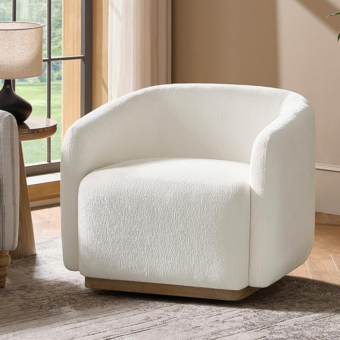 HULALA HOME Swivel Accent Chair with Solid Wood Base Chenille Curved Swivel Barrel Chair Modern Club Armchair Upholstered Single Sofa for Living Room No Assembly Required Ivory