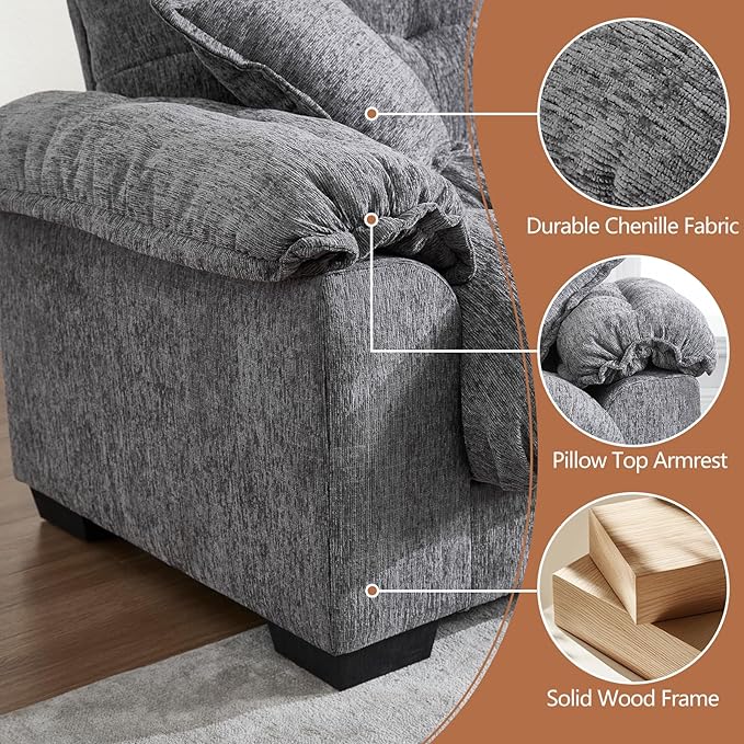 KIVENJAJA 90.5”W Oversized Cloud Loveseat Sofa Modern Chenille Tufted Deep Seat Sectional Couch Overstuffed Comfy Love seat with Pillows for Living Room Apartment Small Space Grey