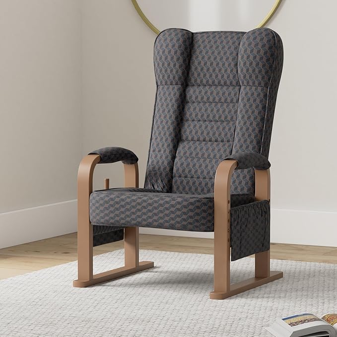 EMOOR Tatami Chair Japanese-Style Chair RYOKAN (Navy) Wooden Armrest &amp Sled Base Recliner Hight-Adjustable Upholstered Single Futon Sofa