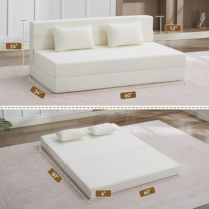 Folding Sofa Bed Convertible Floor Couch Foldable Chair Bed with PillowLinen Sleeper Chair FutonFoldable Memory Foam Mattress for Bedroom/Living Room/Dorm/Office (Beige Queen)
