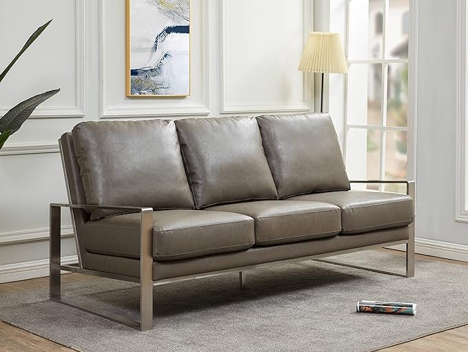 LeisureMod Jefferson Modern Leather 3-Seater Sofa with Silver Frame – Luxury Contemporary Living Room Couch Plush Upholstered Mid-Century Style Comfortable Lounge Seating (Grey) | MODERN SLED BASE
