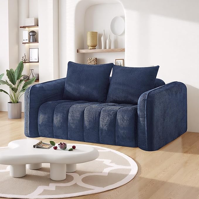 66 Loveseat Sofa Cloud Boneless Couch for Living Room Upholstered Compressed Sofa Deep Seat Corduroy Sofa with 2 Pillows &amp Armrests for Small Spaces for Bedroom Apartment Office Blue