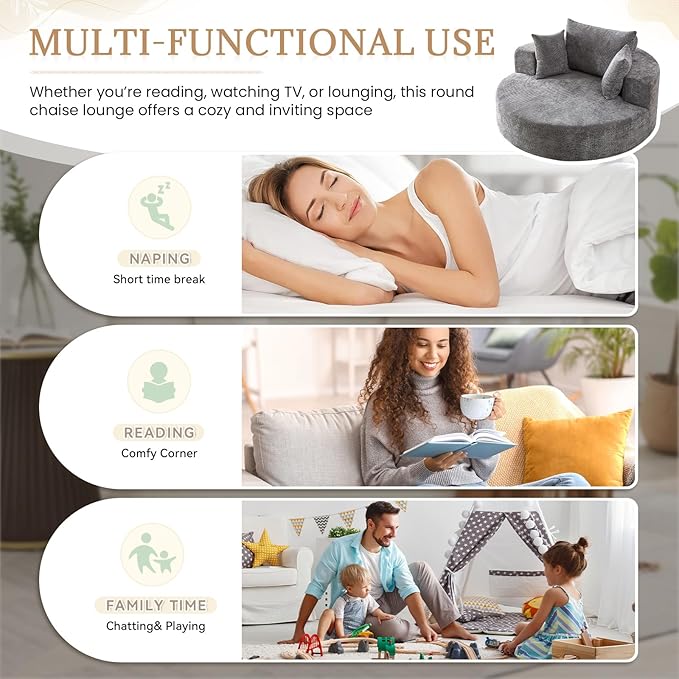 360° Oversized Swivel Chair Modern Circle Round Lounge Chair with Deep Seat Comfy Back Cushion &amp 2 Throw Pillows for Living Room Bedroom Office Light Grey Chenille