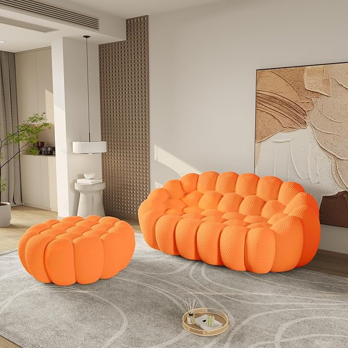 WJShome 79.5 Comfy Small Loveseat Sofa and 42.5 Foot Rest Ottomans Chair for Small Spaces Modern Sponge Floor Lazy Sofas Couch for Bedroom Living Room No Assembly Deep Seat Couches Orange