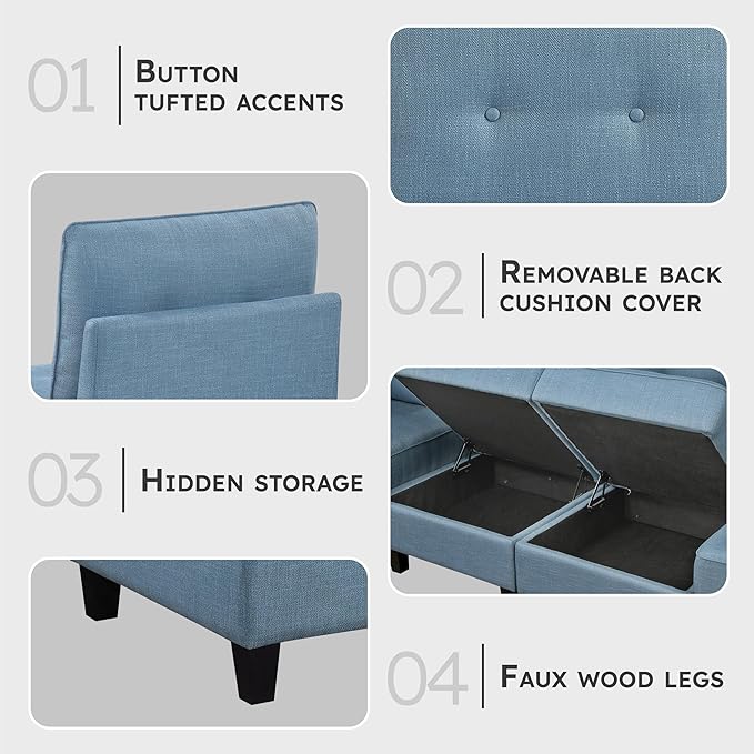 Lexicon L Shape Sectional Couch with Hidden Storage Textured Fabric Modular Sectional Sofa with Button-Tufted Design Reversible Back Cushion 5 Seater Large Sofa Blue