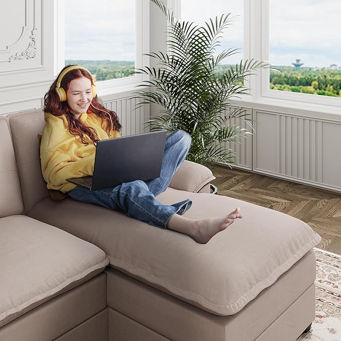 110 Sectional Couches for Living Room4 Seat U Shape Modular Couch with Thick Cushion &amp Soft BackrestUpholstered Sofa Couch with Double ChaiseBeige