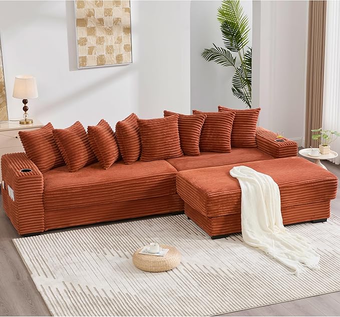 Oversized L-Shaped Modular Sectional Sofa Couch with 8 Pillows Convertible Corduroy Sleeper Sofa Bed with Cupholders &amp Storage Pockets Cloud Couch with Movable Ottoman for Living Room Orange
