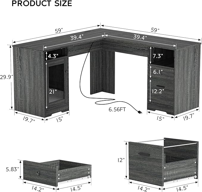 MU L Shaped Desk with File Cabinet Corner Computer Desk with Storage Drawers Large Home Office Table with Power Outlets 60 Inch (Grey)