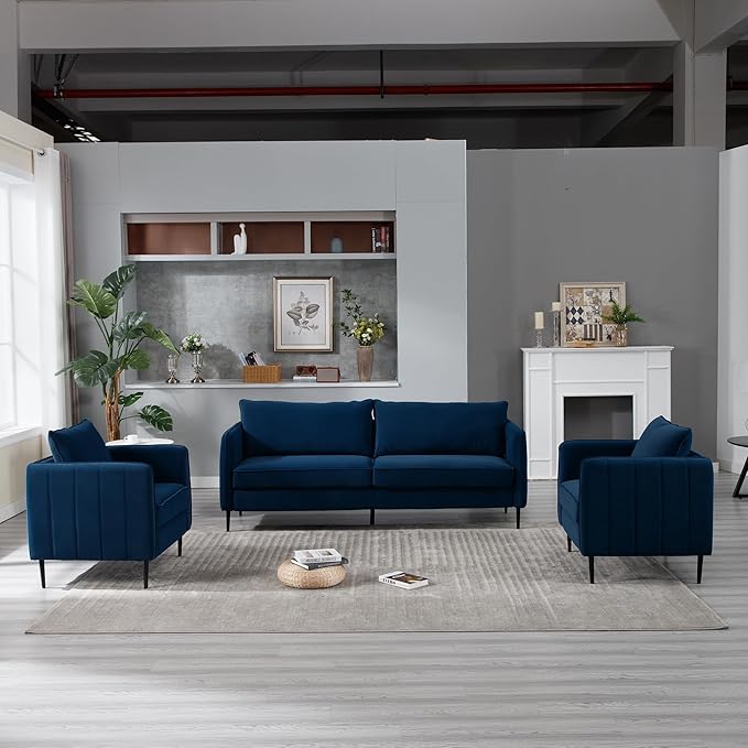 Velvet Accent Chair Comfy Upholstered Armchair Living Room Single Reading Chair with Metal Legs for Living Room Bedroom Office (Navy Chair)