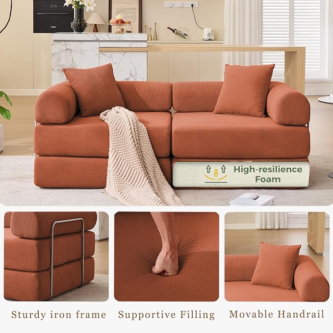 73 Convertible Modular Folding Sofa Bed 5-in-1 DIY Combination Fold Out Sleeper Sofa Bed Loveseat sleeper Couch with Removable Armrests Corduroy Floor Couch Small couches for small spaces Orange