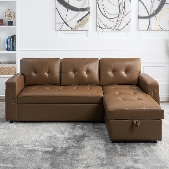 Naomi Home Reversible Sleeper Sectional Sofa Storage Chaise Mocha/Air Leather