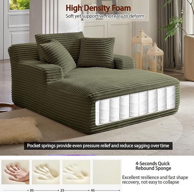 50 Inch Oversized Chaise Lounge Chair Indoor Corduroy Upholstered Sleeper Sofa Bed with Spring Cushion No Assembly Lazy Boneless Chaise Lounge for Bedroom Office Green