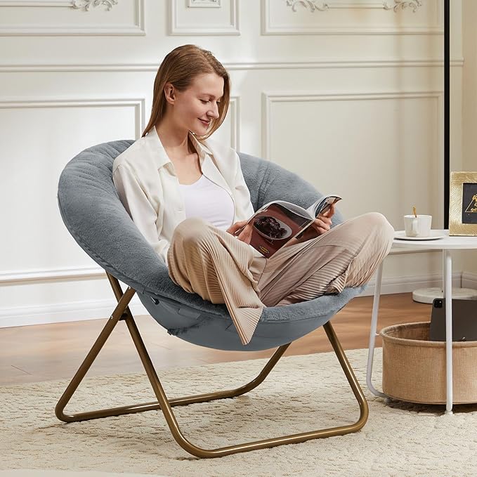 Simple Deluxe Cozy Chair Faux Fur Saucer Chair for Bedroom Comfy Foldable Moon Chair Round Fluffy Chair for Living Room Fuzzy Saucer Chairs for Adults Room Gray