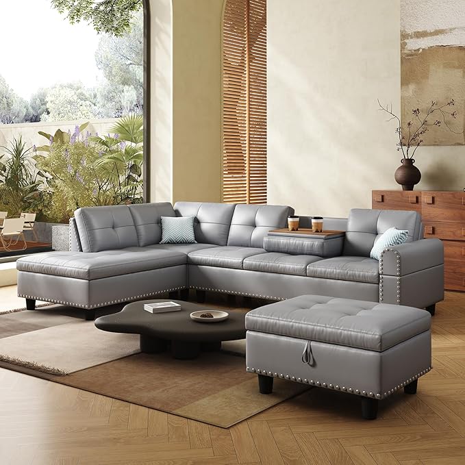 97.5 Oversized Sectional Couch L Shaped Couchwith Storage Ottoman Modern Modular Sofa withDeep Seat Sectional Couches for Living Room andOffice Faux Leather Sofa (Gray 97.5 inch &amp Ottoman)