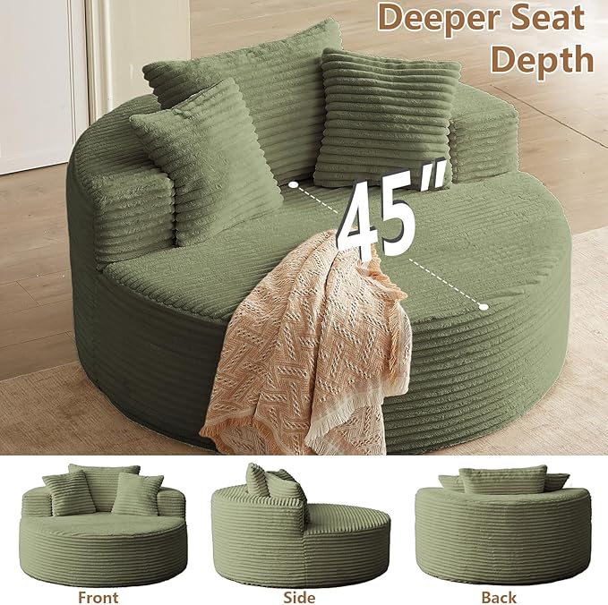 Oversized Round Chair Lounge Chaise Indoor Upholstered Corduroy Deep Seat Cloud Large Circle Sofa Chair No Assembly Required Fluffy Modern Sleeper Sofa Bed for Reading Living Room Bedroom Green