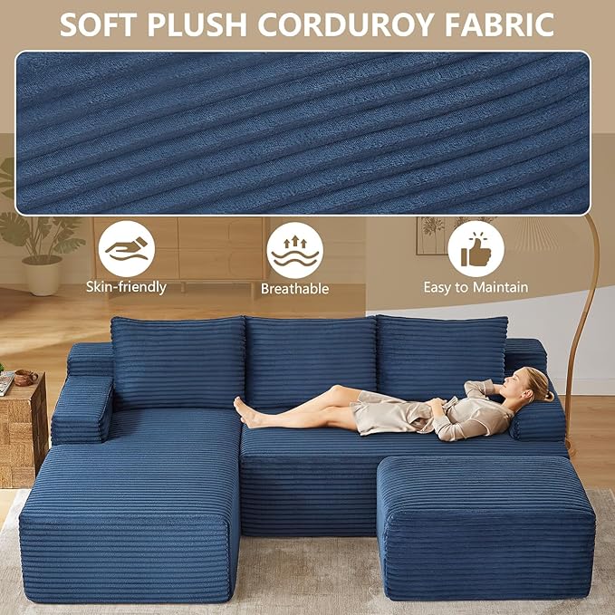 96 Cloud Sectional Couch with U-Shaped Chaise Corduroy Sectional Sofa with Ottoman Deep Seat Boneless Couch with Side Pocket for Living Room No Assembly Required (Blue Left Facing Chaise)