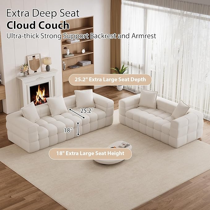 Chenille Cloud Sofa Couch Set with 5 Soft PillowsComfy Upholstered LoveSeat Sofa SetModern Deep Seat Sherpa Cloud Couch Oversized Love Seat for Living RoomBeige White