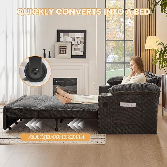 83 King Size Pull Out Sofa Bed 4-in-1 Convertible Sleeper Sofa Bed with USB Ports Cup Holders Side Pockets Corduroy Pull Out Couch Loveseat Chaise for Living Room Small Space (Dark Gray)