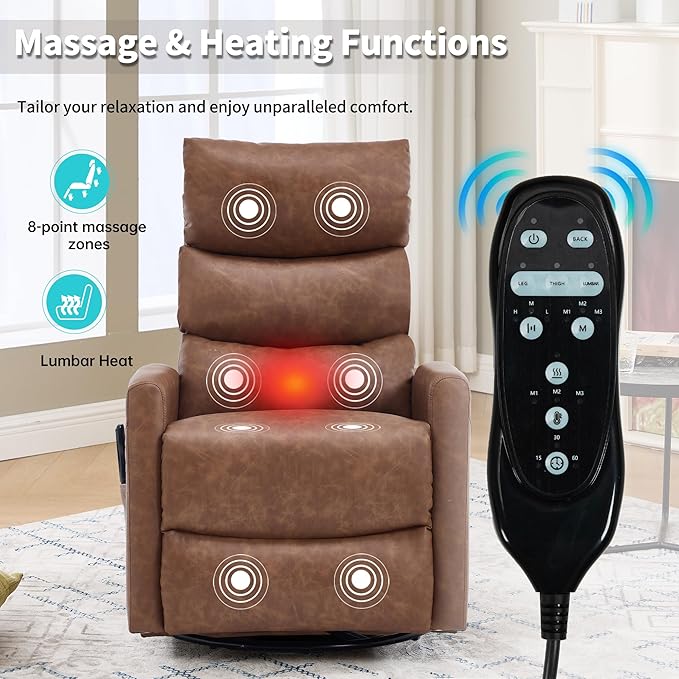 PELUMY 360° Swivel Rocker Recliner with Heat &amp Vibration Massage Glider Rocking Chair for Adults Compact Recliner for Living Room Small Spaces Nursery Bedroom (Breathable Leather Earth Yello