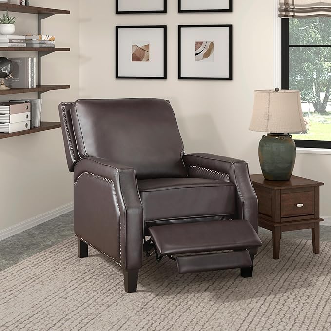 Push Back Reclining Chair Dark Brown Faux Leather Modern Living Room Chair for Relaxation Solid Wood Frame