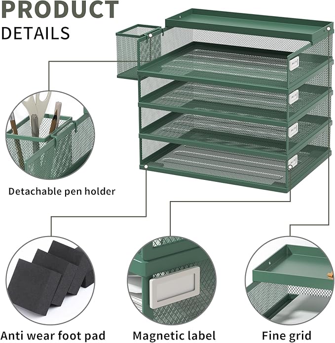Metal Stackable Letter Trays 4-Tier Desk Organizer &amp Paper Trays for Office Stackable File &amp Document Tray with Magnetic LabelsGreen