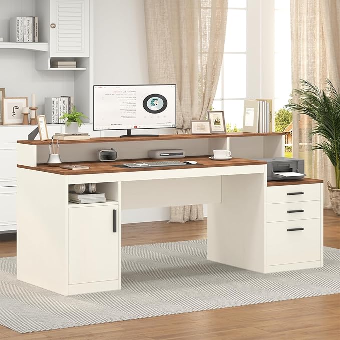 65 Inch Computer Desk with 3 Drawers &amp Storage Shelves Executive Desk with File Drawer &amp Cabinet Home Office Desk with Long Monitor Stand &amp Printer Shelf Antique White