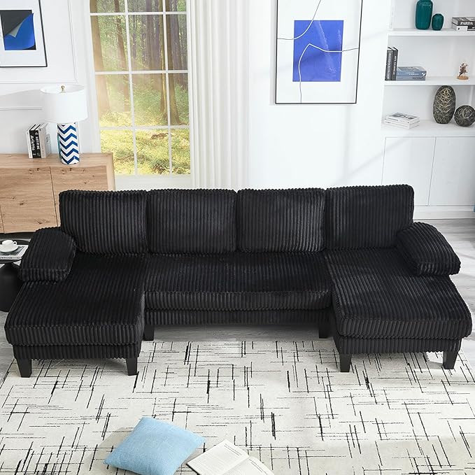 114 Cloud Couch Modular Sectional Sofa Convertible U-Shaped Couches with Double Chaise Lounge Corduroy Upholstery Sofas Double Cushions Deep Seat Sleeper Couchs for Living Room Black