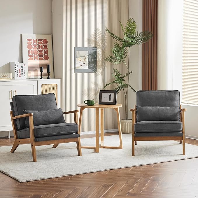 Karl home Accent Chair Wide Armrest Mid-Century Lounge Chair Linen Fabric Armchair with Lumbar Pillow &amp Solid Wood Frame for Living Room Bedroom Balcony Gray