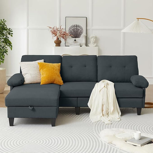 Sectional Sofa for Living Room 84 Small L Shaped 3 Seater Couch with Reversible Chaise Polyster Fabre for Apartment Small Space Dark Grey