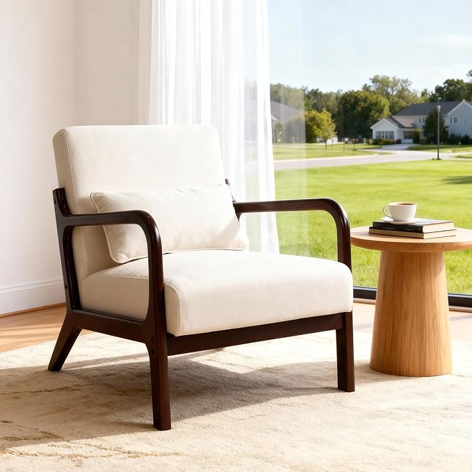Mid Century Modern Accent ChairComfy Fabric Reading Chair with Retro Solid Wood Frame &amp High Back Upholstered Lounge Arm Side Chair for Living Room Bedroom Balcony (Beige)