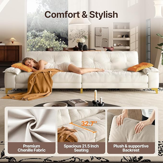104.7 sectional Couch mid-Century Modern 4-Seater Comfy Cloud Couch for Living Room Office Button Tufted upholstered Metal Legs Sofa Sturdy loveseat (Beige 104.7 Inch)