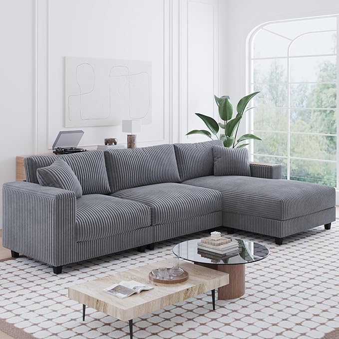 Modular Sectional Sofa 114.5 Convertible L Shaped Couch with Corduroy Fabric 3 Seater Corner Sleeper Sofa with Chaise Storage Armrests &amp 2 Pillows Modern Comfy Upholstered Couches for Living