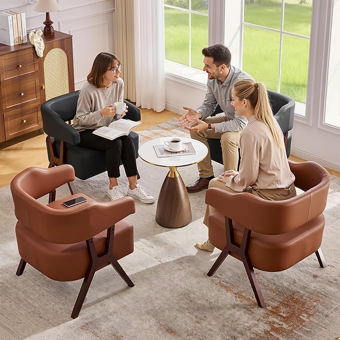 JIASTING Barrel Accent Chairs Brown Leather Chairs with Solid Wood Frame Mid-Century Modern Wooden Armchair with Wraparound Back Comfy Office Reading Chair for Living Room Bedroom (2 Brown)