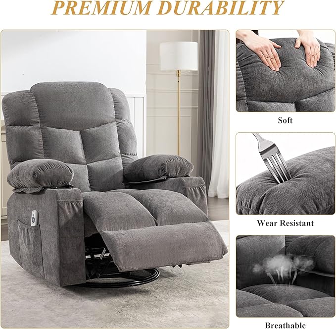 Oversized Massage Swivel Recliner Chair with Lumbar Heating 360° Swivel &amp Rocker 8-Point Vibration Massage USB Port &amp Cup Holders for Living Room Office Adult(Gray)