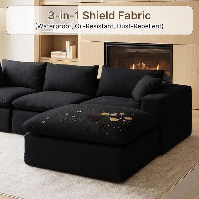91.34 No Assembly Required Sectional Couch Modern 6-Piece Frameless Modular Sofa with Ottoman Deep Seat Cloud Couches for Living Room Oversized Chenille Comfy Sofa Black