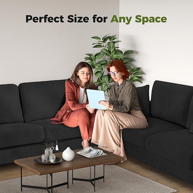 Kidirect 70in U Shaped Couch Modular Sofa No Tool Assembly Comfy Sectional Couches for Living Room 21in Deeper Seats Corduroy Sofas for Living Room with 2 Pillows Loveseat Sofa Set Black Couch |