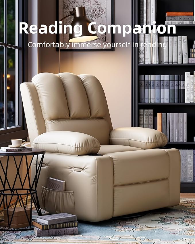 22 in Leather Recliner Chair for Adults Overstuffed Manual Recliner Chair Single Sofa with Cup Holder and Side Pockets Upholstered Chair for Living Rooms Creamy