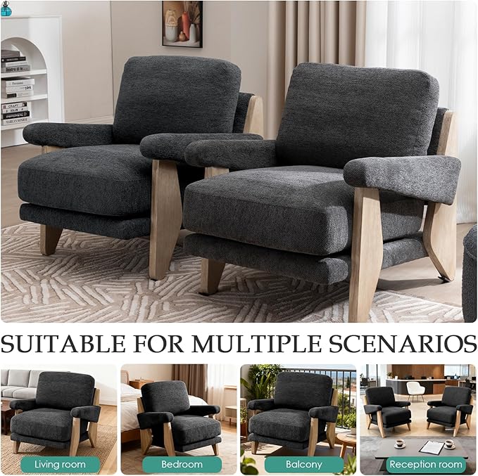 2 Pcs Accent Chair Mid Century Modern Chenille Armchair Solid Wood Frame Lounge Upholstered Armchair Reading Chair Sturdy Base For Living RoomBedroomOfficeComfy Guest Waiting Room ChairsGrey