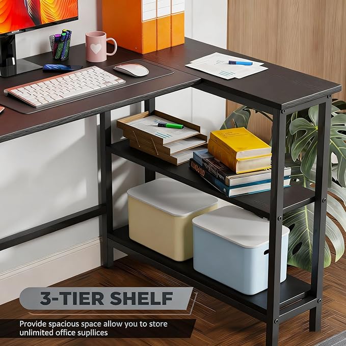 43Inch Corner Computer Desk Gaming Desk with Reversible Storage Shelves Left/RightSmall L Shaped Desk with 2-Tier Shelves &amp Adjustable Feet Pad for Home Office Gaming (43 Inch)