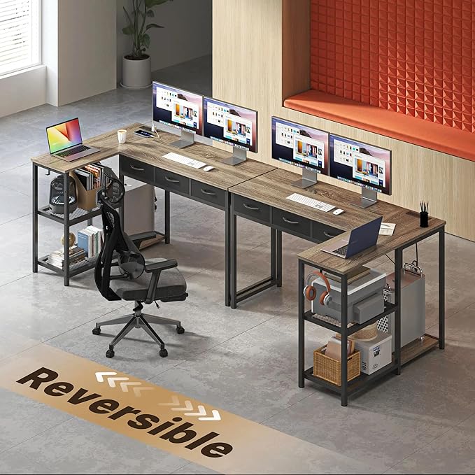 Gizoon 53 Inch L Shaped Computer Desk with Drawers Corner Desk with Power Outlets &amp Reversible Storage Shelves with CPU Stand and 2 Hooks for Home Office Gaming (Grey)