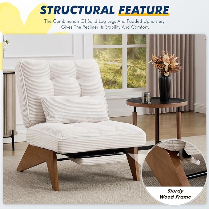 Accent Chair with Ottoman Adjustable Backrest Stripe Living Room Chair Indoor Lounge Chair with Build-in Footrest Set Modern Chair Cozy Reclining Chair for Reading Room Beige