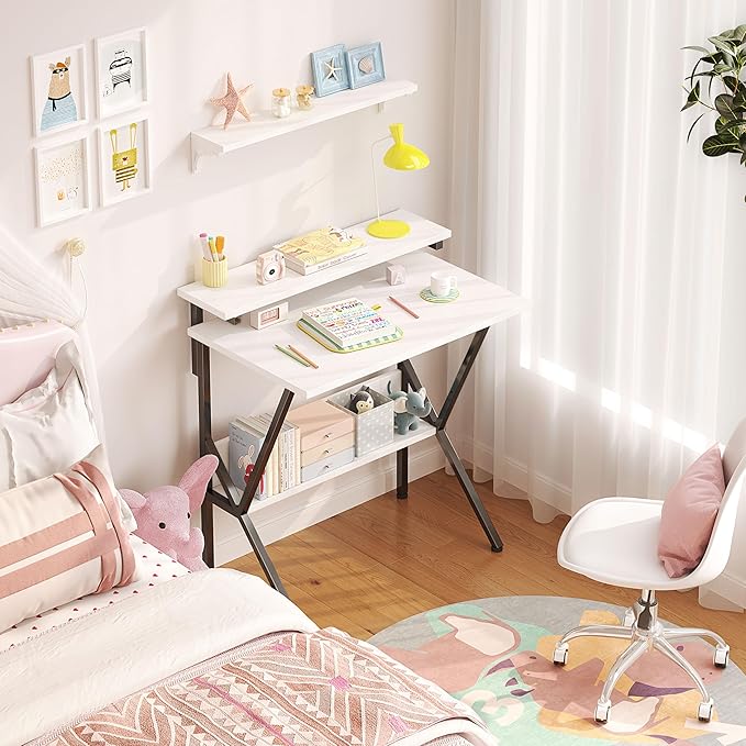 COTUBLR Small Desk Small Computer Desk for Spaces 27.5 Inch Computer Desk with Adjustable Monitor Stand Compact Desk with Storage for Bedroom Home Office White Tabletop+Black Frame