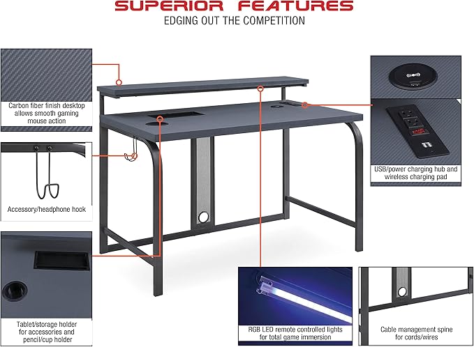 OSP Home Furnishings Reload Gaming Desk with Wireless Charging USB Power Hub and Remote Controlled RGB LED Lights Matte Grey Carbon Fiber